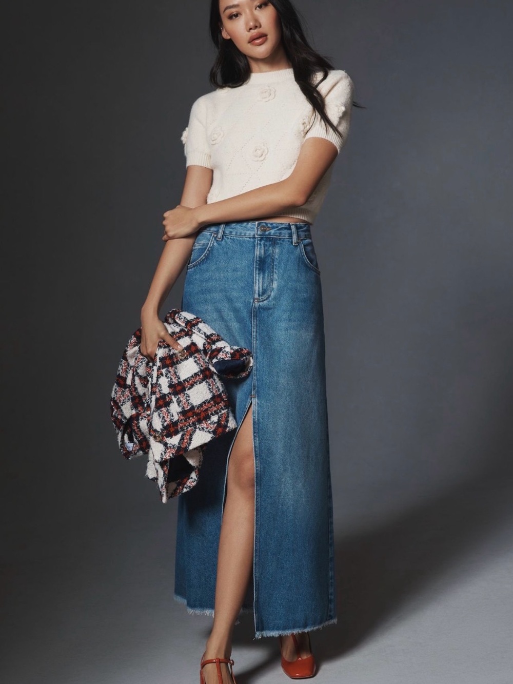 Pilcro Denim Maxi Skirt with Center Thigh Slit - Blue